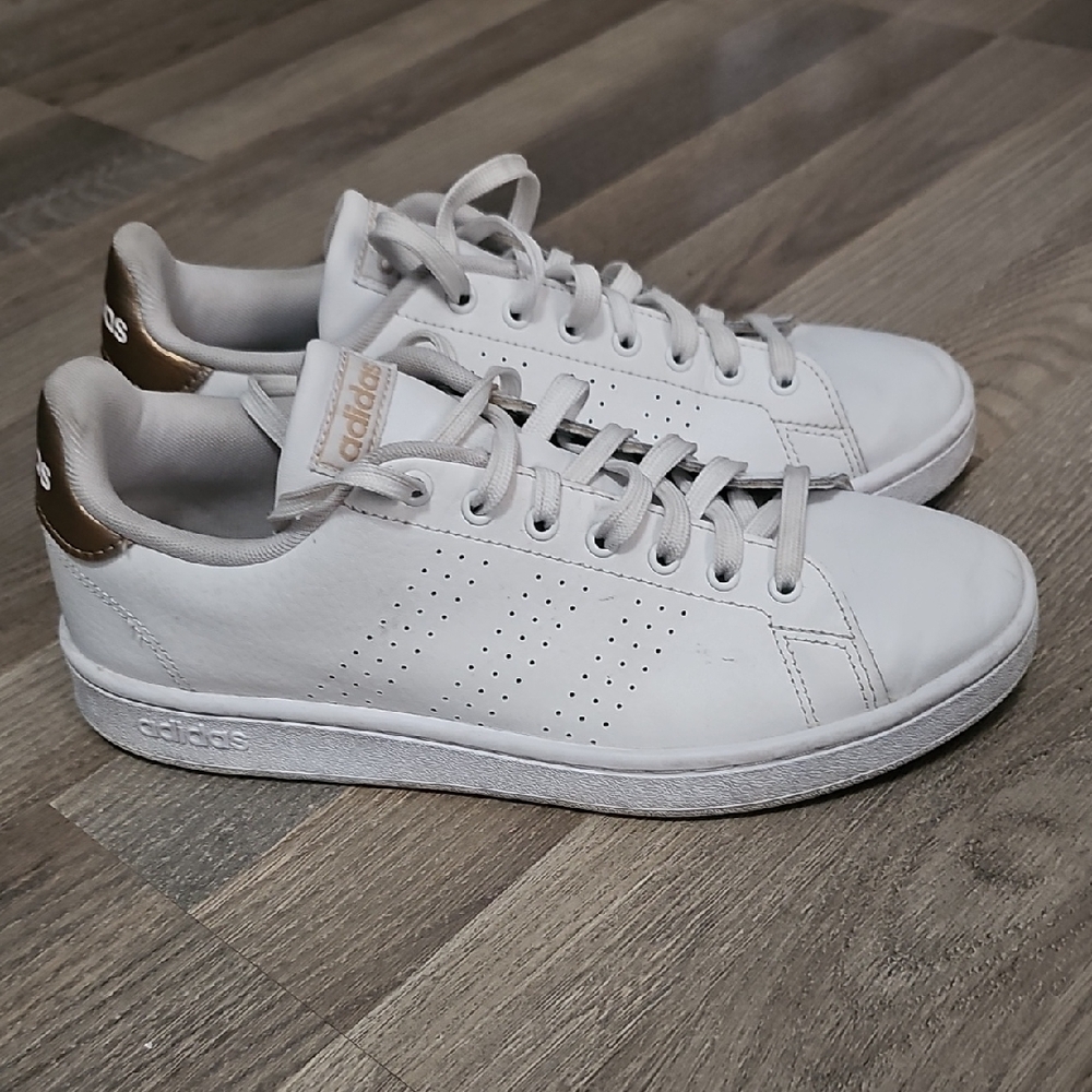 Adidas Women's Advantage Cloudfoam Sneakers in White with Gold Details